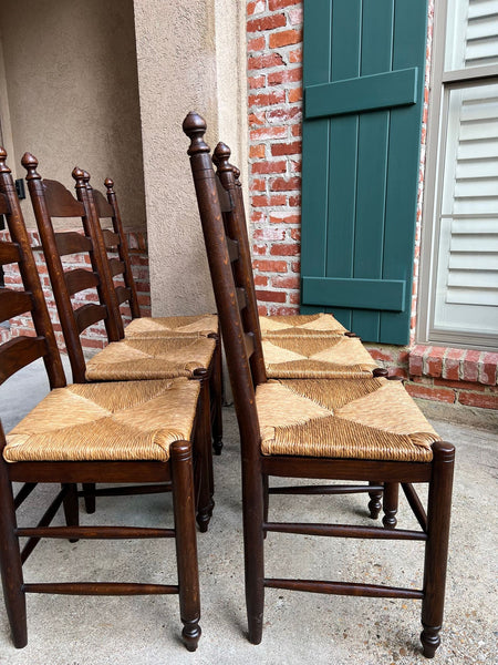 Vintage English Dining Chairs Set 6 Oak Ladder Back Rush Seat Woven