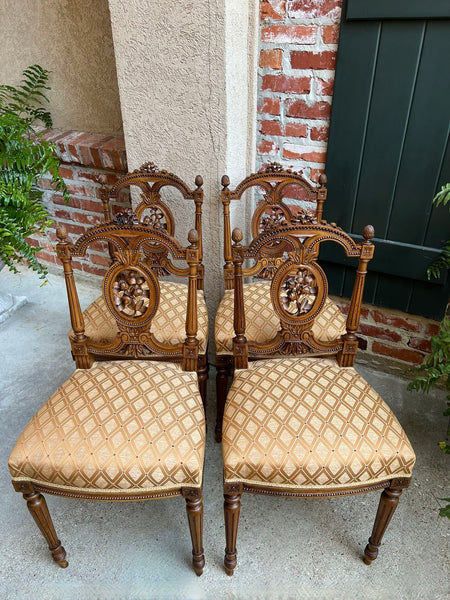 Set 4 Antique French Louis XVI Salon Chairs Petite Dining Parlor Carved Walnut