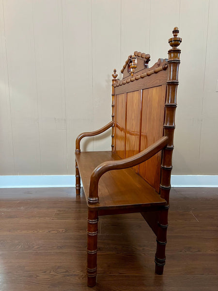 Antique English Faux Bamboo Pine Hall Bench Victorian High Back Settle c1890