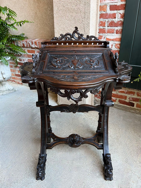 Antique French Writing Desk Secretary Black Forest Carved Oak Renaissance c1890