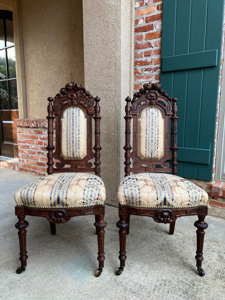 Pair Antique French Dining Chairs Renaissance Carved Oak Black Forest c1880
