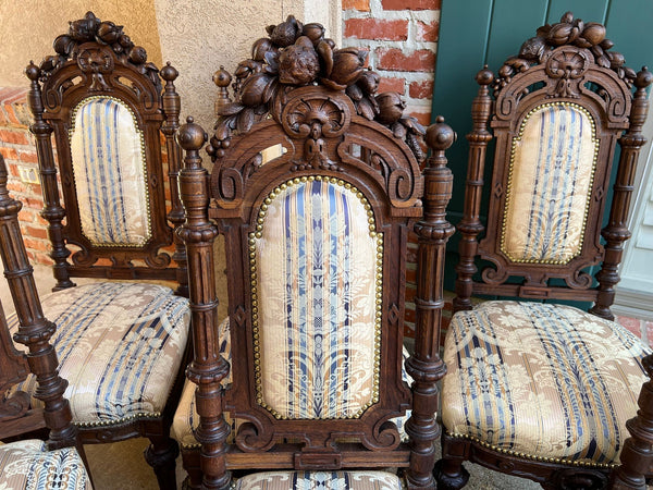 Set 6 Antique French Dining Chairs Renaissance Carved Oak Black Forest c1880
