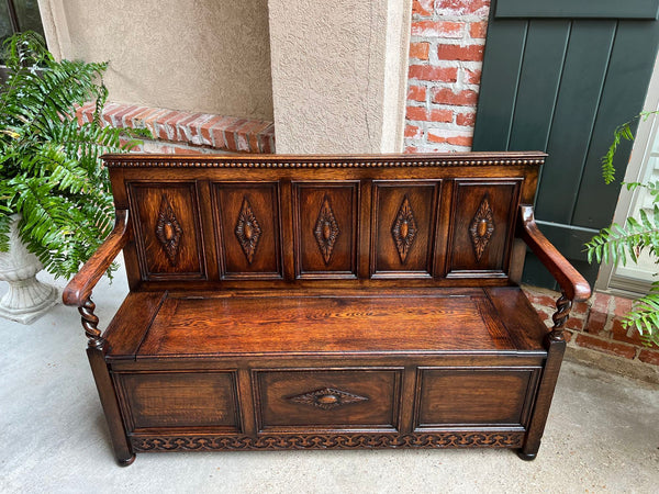 Antique English Hall Bench Carved Oak Barley Twist Jacobean Lift Top Settee