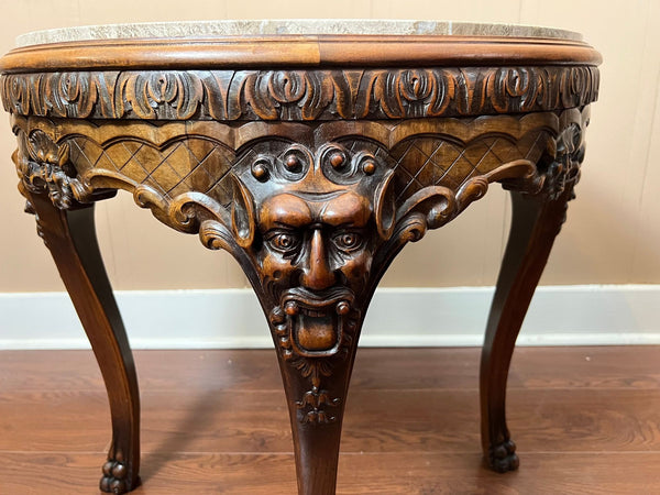 Antique French Renaissance Revival Center Table Round Marble Carved Walnut c1900