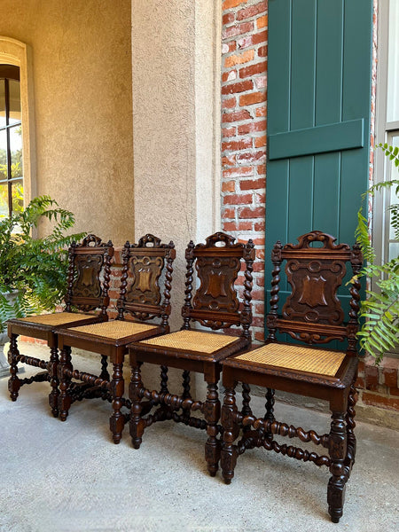 Set 4 Antique French Dining Chairs Barley Twist Cane Seat Carved Oak c1920