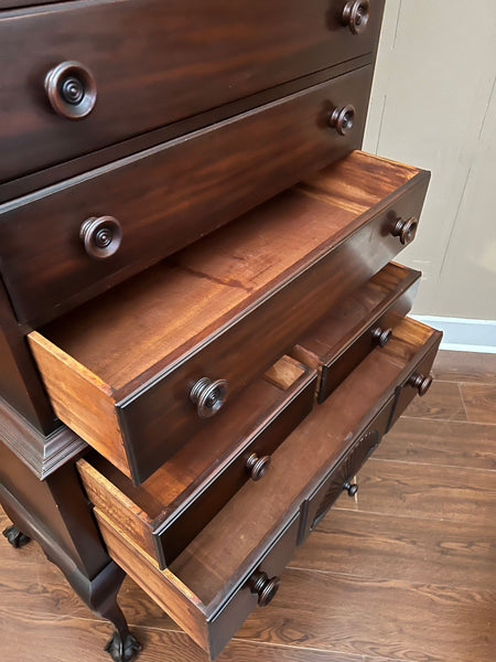 Vintage Chippendale Highboy Chest of Drawers Mahogany Ball and Claw Kindel c1950