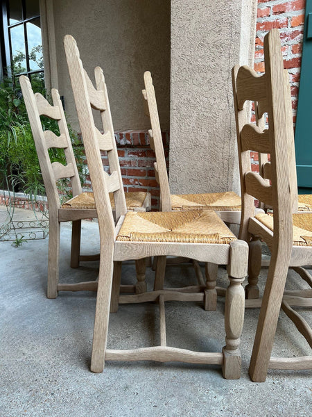 Set 6 Vintage French Ladder Back Dining Chairs Rush Seat Bleached Oak Farmhouse