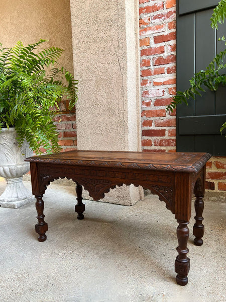 Antique French Bench Stool Gothic Renaissance Coffee Table Carved Oak c1890