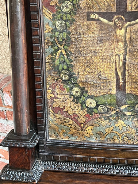 Antique French Gothic Devotional Cabinet Religious Painting Carved Oak Kneeler