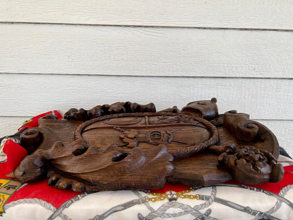Antique French Gothic Wall Plaque Coat of Arms Carved Oak Renaissance c1890