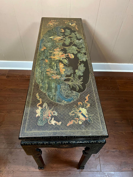 Vintage Chinese Console Table Black Lacquer Chinoiserie Gilt Hand Painted c1950