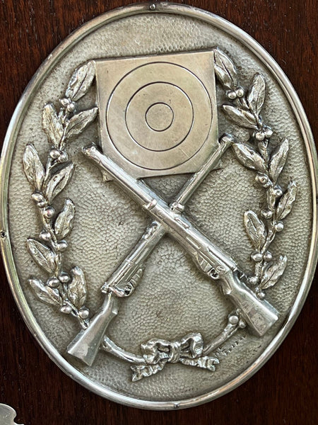 Antique English Rifle Gun Shoot Trophy Award Plaque Silver plate Shield c1910
