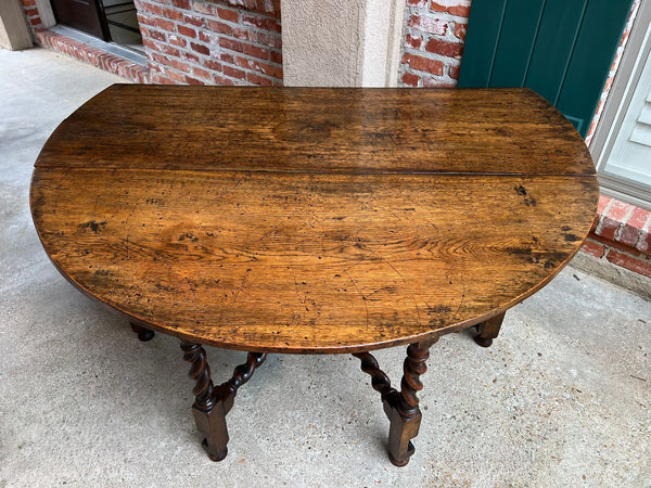 Antique English Wake Dining Table Drop Leaf BARLEY TWIST Jacobean Oak Console