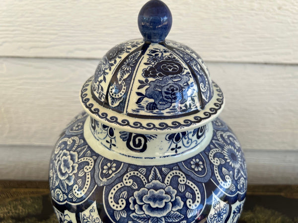 Vintage Large Delft Ginger Jar Vase Blue & White Floral Royal Sphinx Lidded Urn