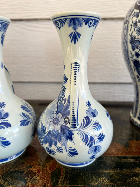 PAIR Petite Vintage Delft Vases Blue & White Windmilll Hand Painted Bud Vases