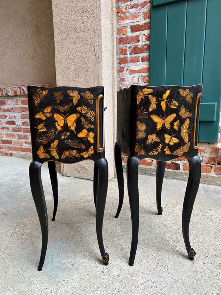 PAIR French Bedside Cabinets Chinoiserie Butterfly Gilt Lacquer Tables