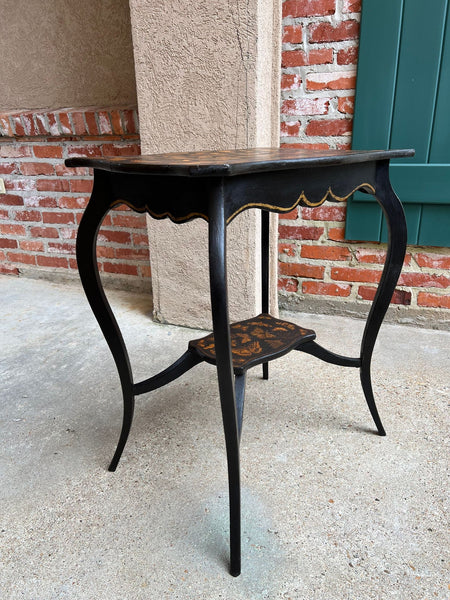Vintage French Side Table Chinoiserie Butterfly Black Lacquer Hollywood Regency