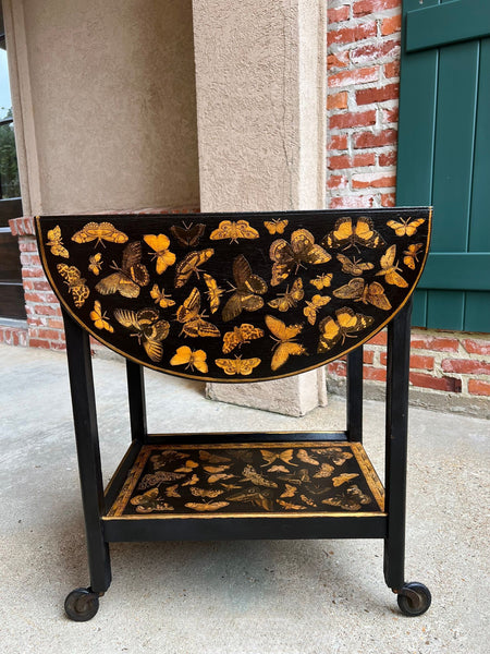 Vintage English Bar Cart Trolley Drop Leaf Chinoiserie Butterfly Lacquer Table