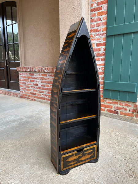 English Boat Form Etagere Black Lacquer Fish Decoupage Collection Bookshelf