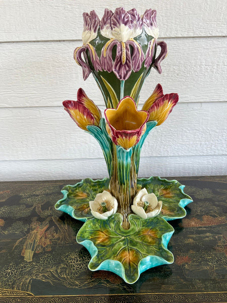 Antique French Majolica Vase Centerpiece Onnaing Art Nouveau Iris Tulip c1900