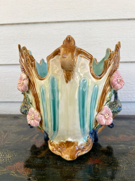 Antique French Majolica Jardinière Planter Peacock Onnaing Large Cache Pot c1880