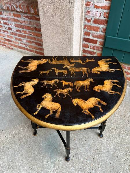 Antique English Drop Leaf Side Table Horse Equestrian Chinoiserie Petite Oak