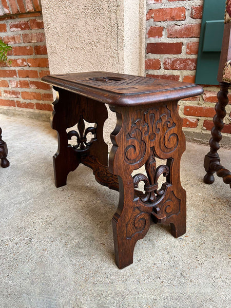 Antique French Bench Stool Gothic Renaissance Carved Oak Trestle Fleur de lis