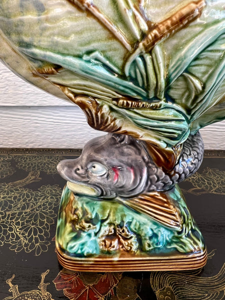 Antique Majolica Vase Bowl Dolphin Nautilus Shell English Royal Worcester c1870
