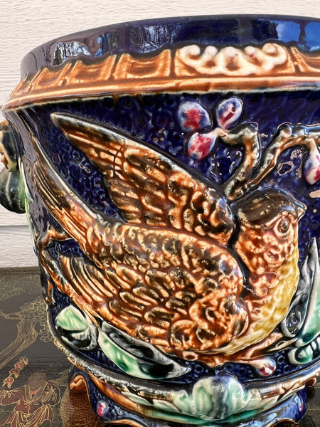 Antique Majolica Bird Planter Cache Pot Jardinière Cobalt Blue Wasmuël c1890