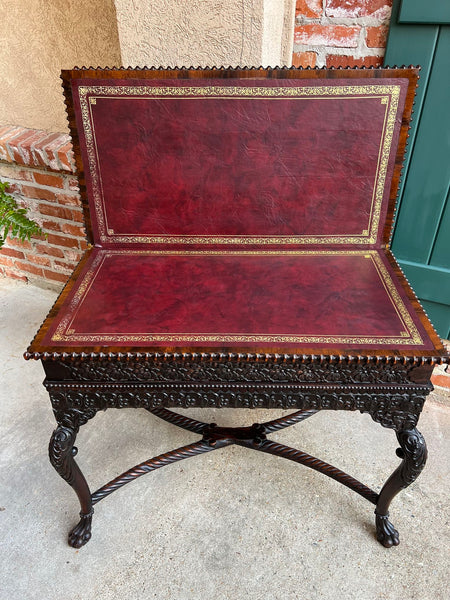 Antique Foyer Hall Table British Colonial Carved Wood Leather Flip Top Burmese