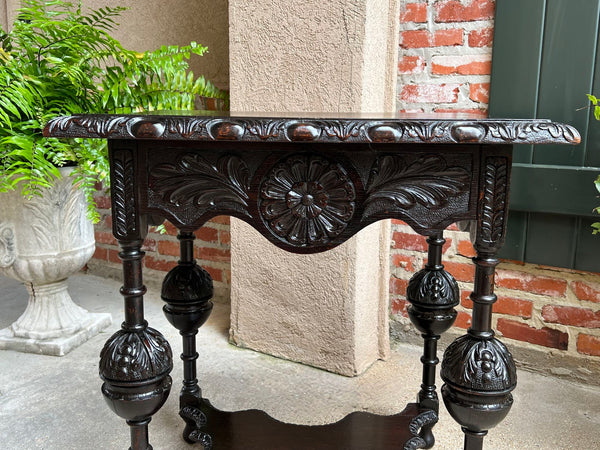 Antique English Side Sofa Table Ebonized Carved Oak Baroque Two Tier Tudor