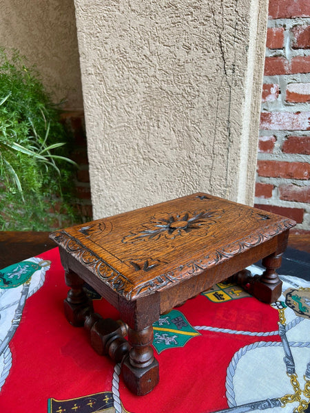 Antique English Kettle Stand Footstool Barley Twist Carved Oak Display Stool