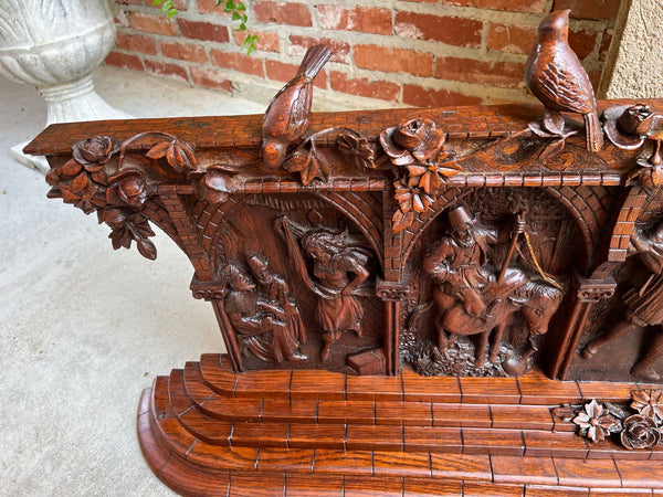 Antique French Renaissance Relief Carved Mantel Bookcase Art Display Knight Bird