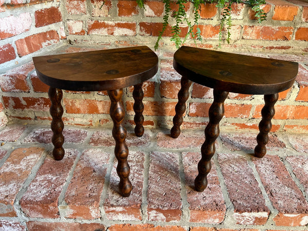 PAIR Set of 2 Antique English Stool Oak Jacobean Display Stand Bobbin Leg c1900