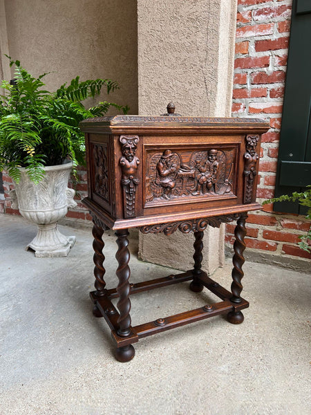 Antique French Renaissance Chest Box on Stand Breton Brittany Oak Barley Twist