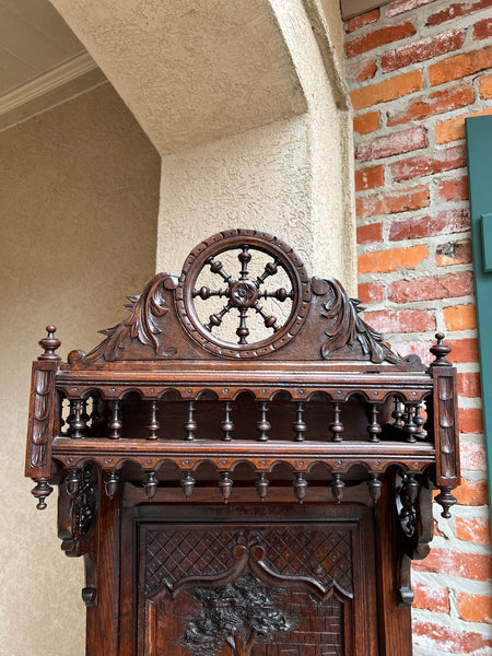 Antique French Breton Hall Cabinet Tall Narrow Carved Crown Bookcase c1880