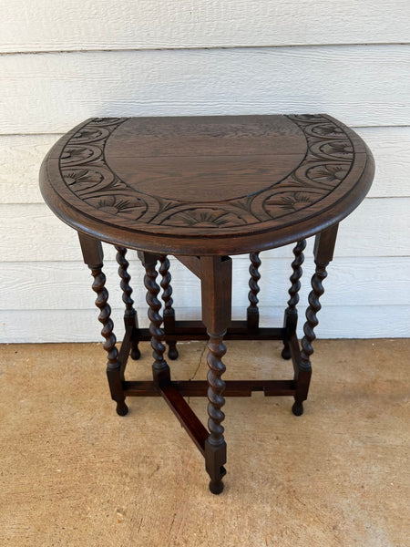 PETITE Antique English Side Sofa Table Barley Twist Drop Leaf Gateleg Carved Oak