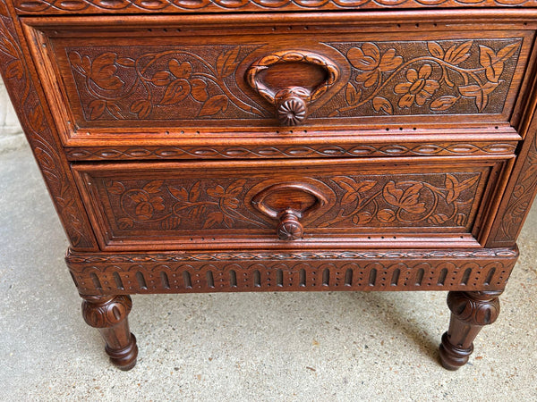 Antique English Victorian Wellington Chest of Drawers Campaign Carved Oak