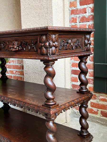 Antique French Carved Oak Server Sideboard Barley Twist Renaissance Bookshelf