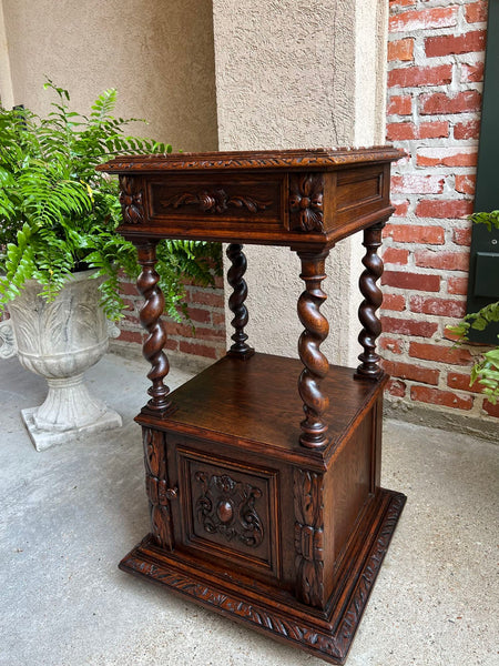 Antique French Side End Table Cabinet BARLEY TWIST Carved Oak Renaissance Marble