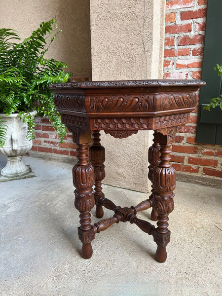 Petite Antique French Octagon Center Side TABLE Renaissance Carved Oak