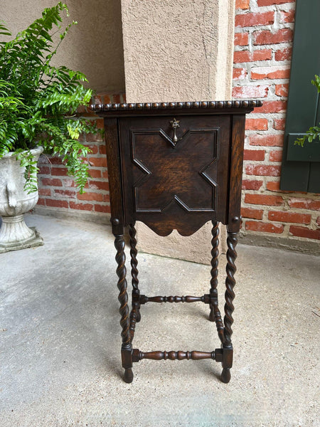 Antique English Square Table Plant Stand Jacobean BARLEY TWIST Cabinet Dark Oak