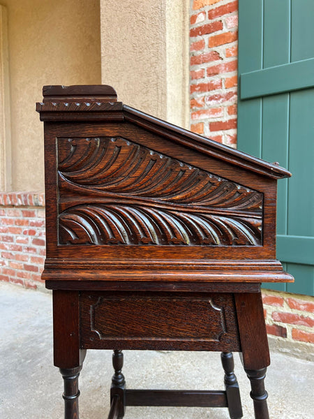 Antique English Slant Front Desk Display Stand Jacobean Carved Tiger Oak Lectern