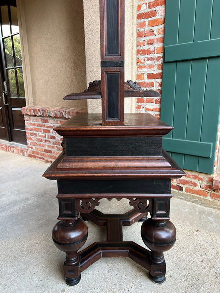 Antique English Book Press Table Renaissance Carved Oak Ebonized Cabinet c1880