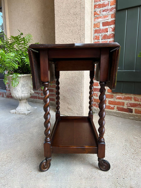 Antique English Tea Trolley Drinks Cart Barley Twist Dumbwaiter Drop Leaf Table