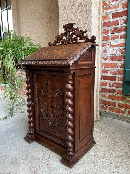 Antique French Altar Lecturn Gothic Bible Box Podium Sacristy Cabinet Carved Oak
