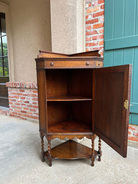 Antique English Tiger Oak Corner Cabinet Barley Twist Jacobean Arts & Crafts