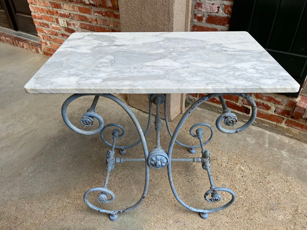 Antique French Pastry Baker’s Table Blue Iron White Marble Small Kitchen Island