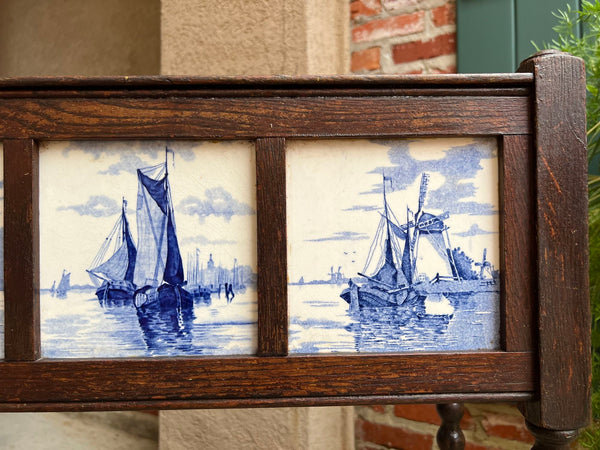Antique English Planter Blue White DELFT Tile Floral Box Oak Bobbin Legs c1910