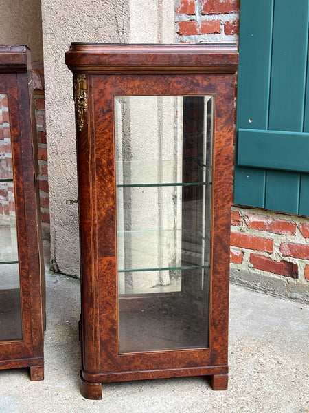 PAIR Antique French Glass Vitrine Display Cabinets Burl Mahogany Mirror c1900
